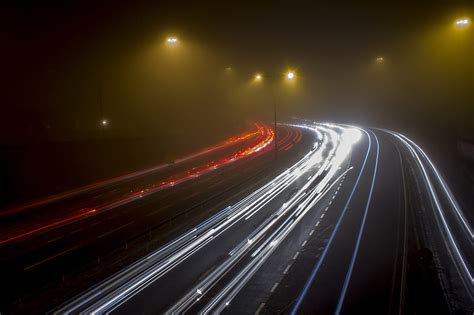 Road Night Fog Turn Lights Long Exposure Hd Wallpaper Peakpx