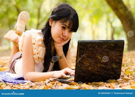 Asian Girl With Laptop Stock Image Image Of Field Female