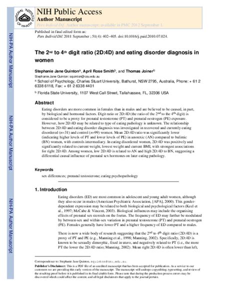Pdf The 2nd To 4th Digit Ratio 2d4d And Eating Disorder Diagnosis