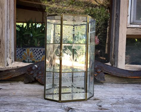 Hanging Or Tabletop Brass Etched Glass Curio Cabinet Three Tier Mirrored Glass Display Case