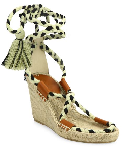 Soludos Leather And Textile Lace Up Espadrille Wedge Sandals
