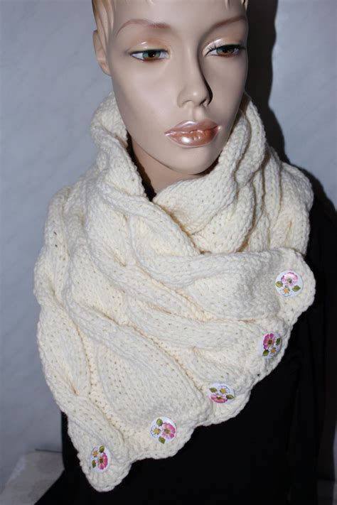Knitted Scarf Chunky Cream Buttoned Scarf Cowl Scarf For Etsy Uk