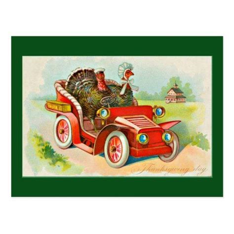 Thanksgiving Vintage 2 Turkeys Driving Old Car Holiday Postcard