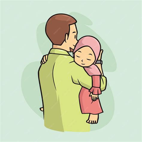 Premium Vector Father Holding Cute Daughter In Hijab