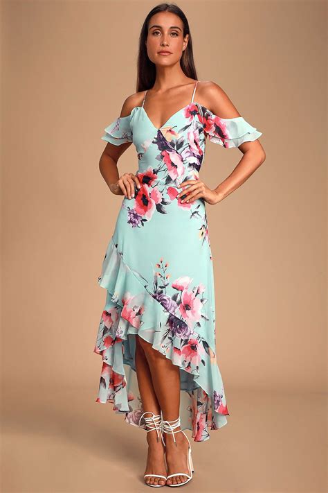 Love In Bloom Blue Floral Print Off The Shoulder High Low Dress