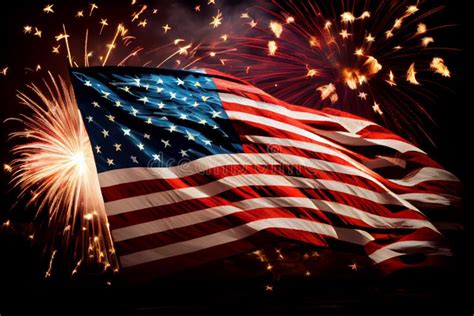 Celebratory Fireworks On The Background Of The Us Flag And Sunrise