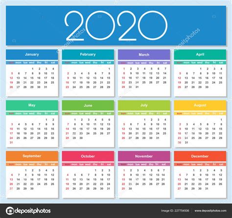 Colorful Year 2020 Calendar Simple Vector Template Isolated
