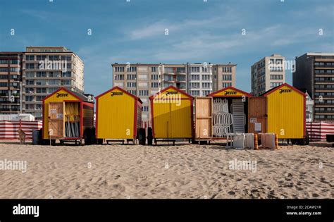 Vintage Beach Huts On Belgian Coast Stock Photo Alamy