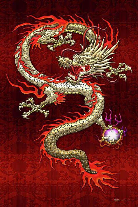 Chinese Dragons Digital Art Golden Chinese Dragon Fucanglong On Red