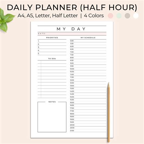 Daily Planner Printable Half Hour Daily Planner Day Planner Etsy