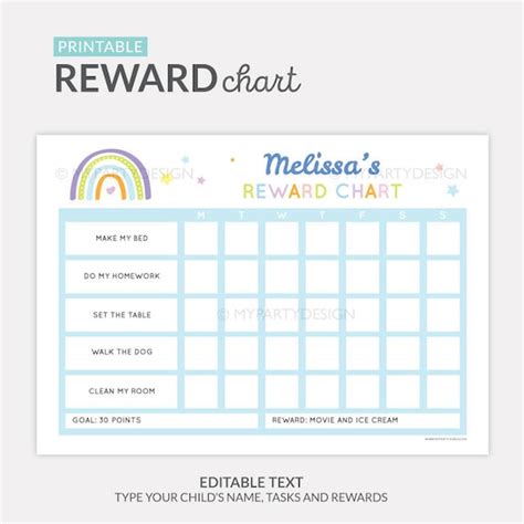 Printable Chore Chart For Kids Rainbow Reward Chart Editable Etsy