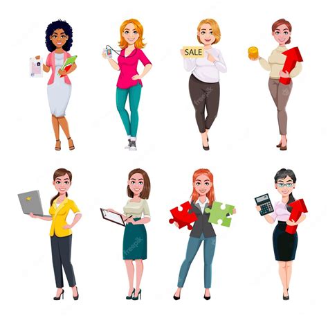 Conjunto De Ocho Mujeres Empresarias Diferentes Personajes De Dibujos