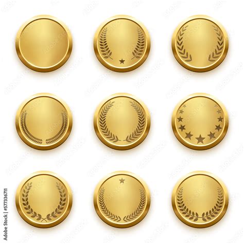 Gold Round Winner Medals With Laurel Wreath And Stars Silhouettes Set