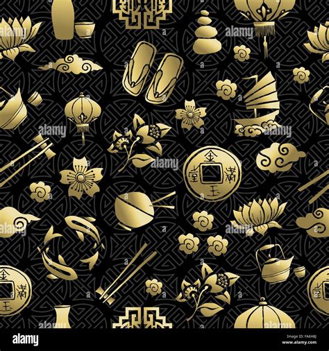 Gold Chinese Cultural Icons Seamless Pattern Traditional Asian