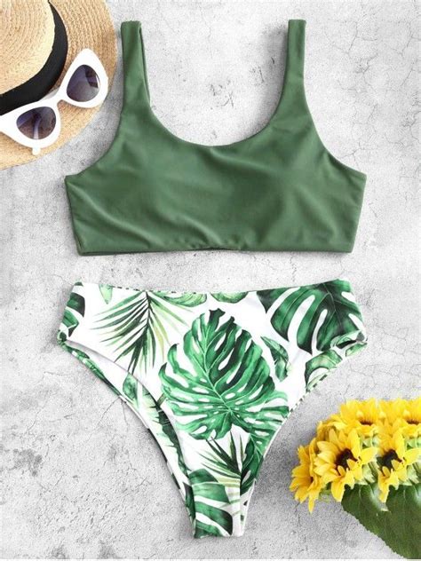 32 OFF 2021 ZAFUL Palm Leaf Flower High Leg Tank Bikini Swimsuit In