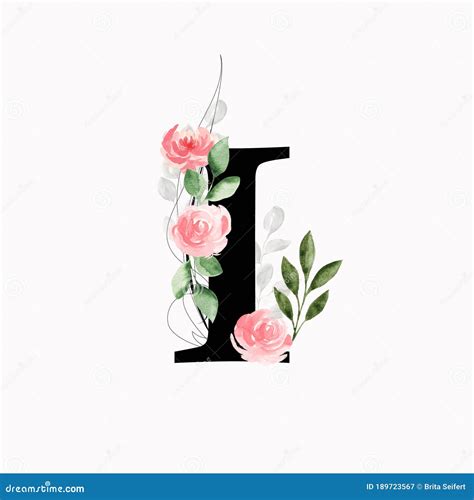 Floral Monogram Letter I Decorated With Pink Roses And Leaves