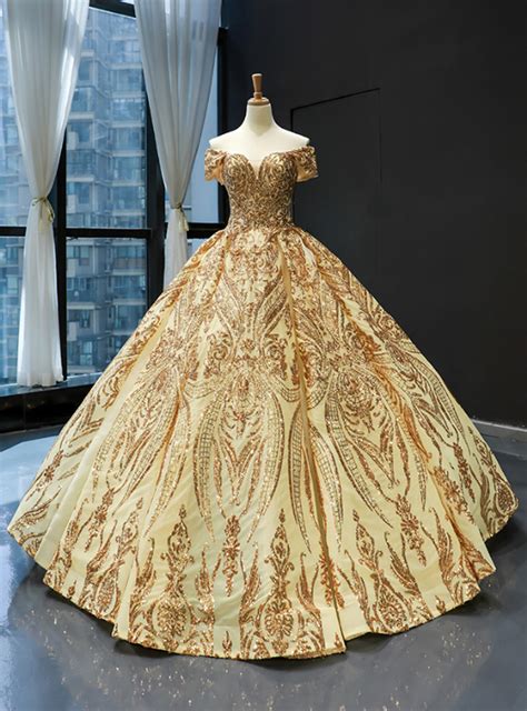 Gold Ball Gown Sequins Off The Shoulder Quinceanera Dresses