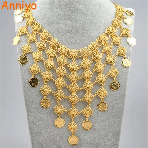 Anniyo 46cm Arab Vintage Coin Gold Color Big Necklaces For Womenmiddle