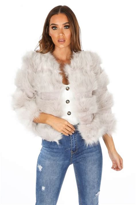 cropped super soft faux fur jacket in light grey
