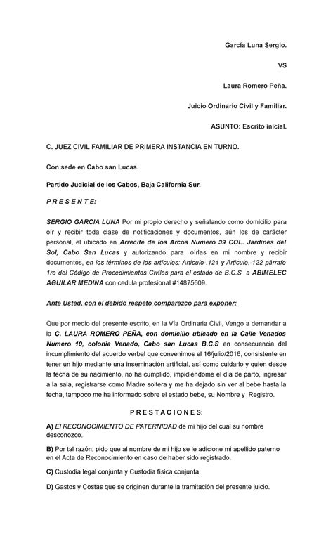 Escrito Inicial De Demanda Civil Modelo García Luna Sergio Vs Laura