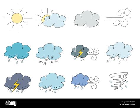 Simplistic Weather Illustrations Sunny Cloudy Wind Rain Snow Stock