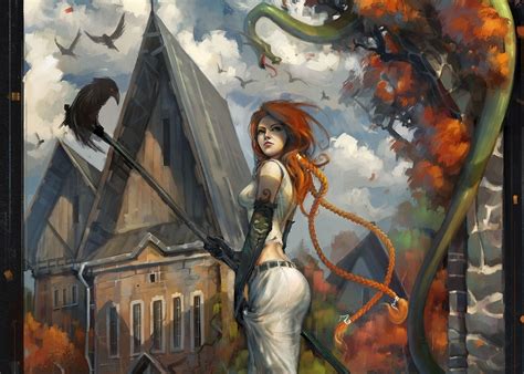 Wallpaper Painting Women Redhead Fantasy Art Anime Artwork Snake Crow Mythology Art