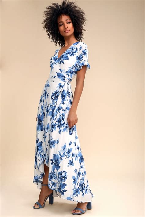 Pretty Blue And White Floral Print Dress Wrap Maxi Dress Lulus