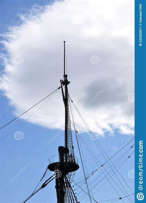 Large Mast Of An Old Wooden Ship A Mast With An Observation Deck Stock