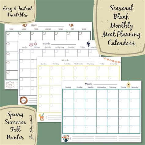 Seasonal Meal Planning Calendars 4 Blank Monthly Printable Etsy