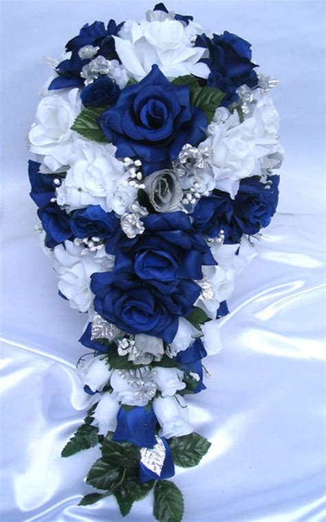 Wedding Bouquet 17 Piece Bridal Bouquet Set Dark Blue Royal Silver