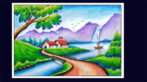 Oilpastel Scenery Drawing Beautiful Scenery Drawing Hill With