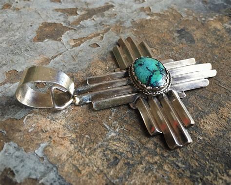 Sterling Silver And Turquoise Zia Pendant For Necklace Native America