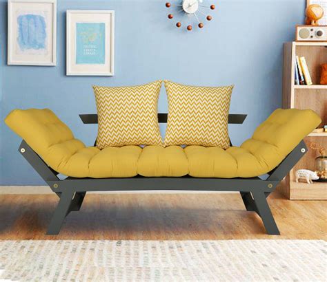 buy alexa engineered wood double futon sofa cum bed with mattress yellow upholstery online in
