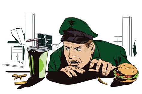 A Hungry Man In Uniform Looks At Food Stock Illustration Stock Vector