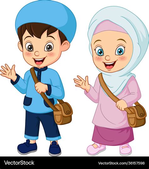 Cartoon Muslim Kids Going To School Royalty Free Vector