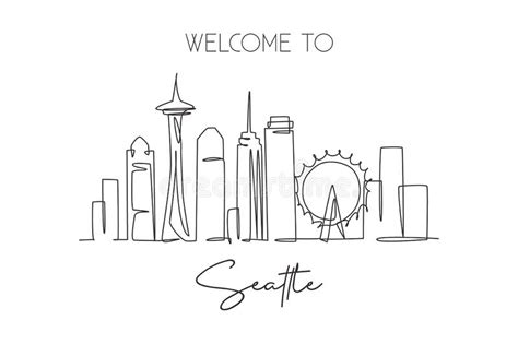 Single Continuous Line Drawing Of Seattle City Skyline Usa Famous