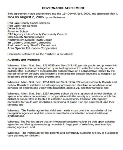 governance agreement templates   word  format