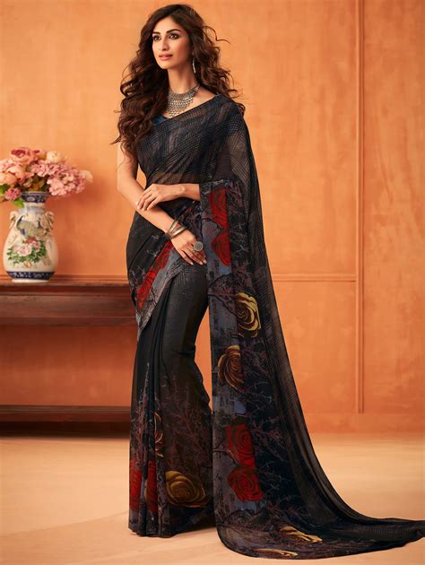 Black Georgette Floral Printed Saree Printed Sarees Celebrity Gowns