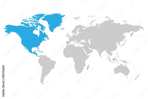 North America Continent Blue Marked In Grey Silhouette Of World Map