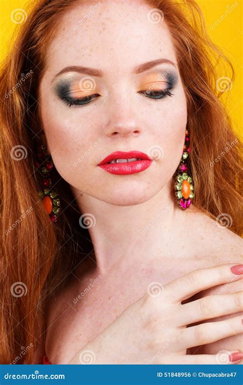 Beautiful Redheaded Girl With Colorful Earrings Stock Photo Image Of