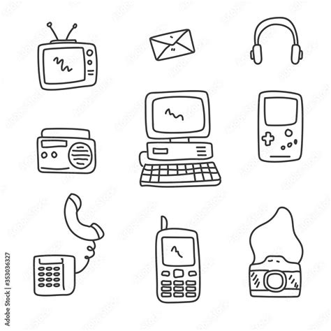 Vecteur Stock Set Of Old Technology Doodle Vector Illustration In Black