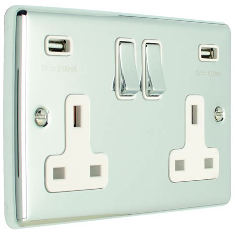 13a 2 Gang Switched Socket With Usb Polished Chromewhite