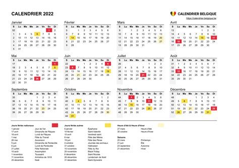 Calendrier 2022 • Calendrier Belgique
