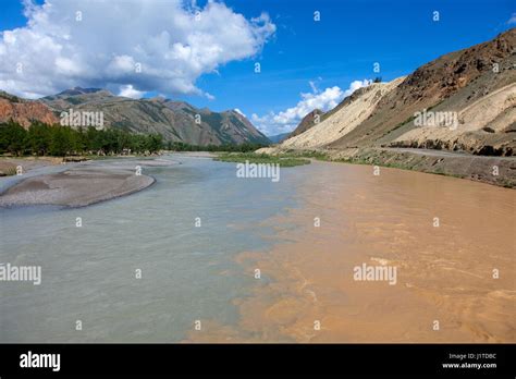 The Merger Of Two Mountain Rivers In Altai Stock Photo Alamy