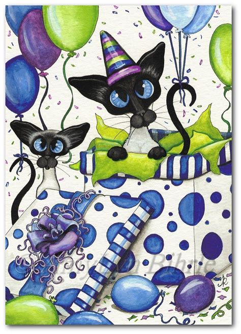 A Painting Of Two Cats In Bed With Balloons