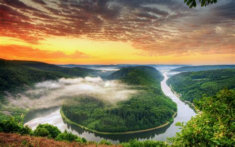 Germany Scenery Saarland The River Bend Mountains Sunset Orange