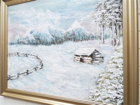 Original Oil Painting Log Cabin Winter Snowscene Framed Winter Etsy