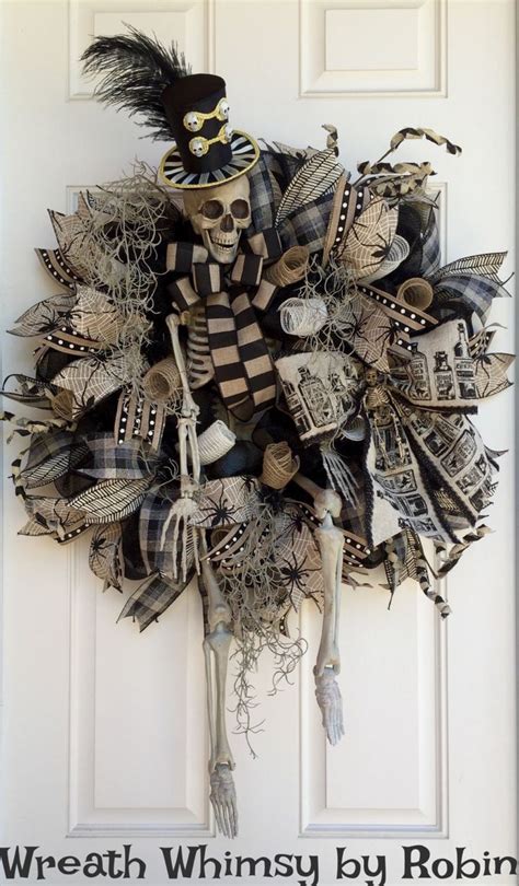 Xl Halloween Skeleton Deco Mesh Wreath In Tan And Black Front Door