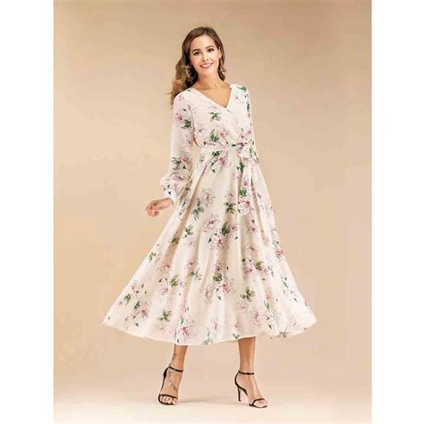 Long Maxi Floral Print V Neck Semi Formal Evening Chiffon Dress