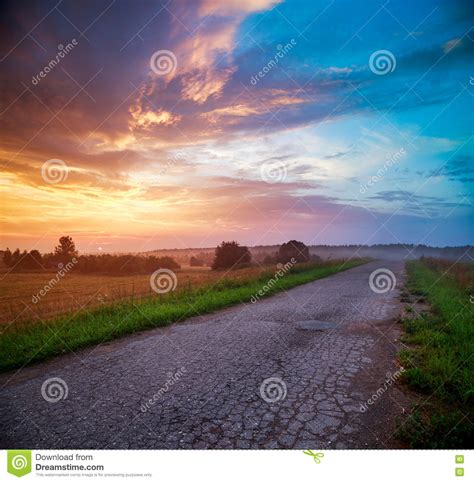 Landscape With Field And Country Road At Sunset Stock Image Image Of